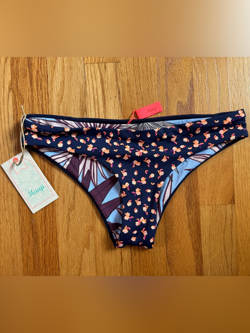 Maaji Navy Reversible Bikini Bottom with Pink and Orange Floral Print